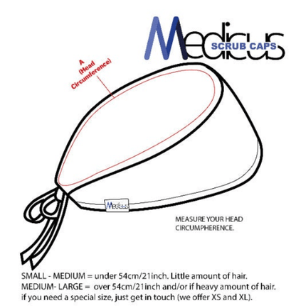 Illustration of Medicus Scrub Caps Astronaut embroidered cap with sizing: Small-Medium fits under 54cm, Medium-Large for over 54cm or thick hair. XS and XL available on request. Stylish, reusable, and practical options for all head sizes.