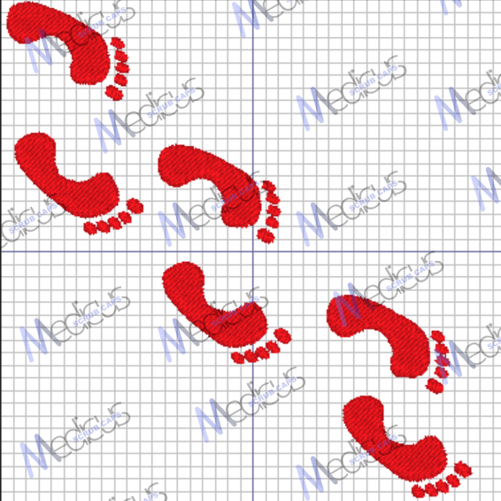 Curved red shapes resembling stylized telephone receivers scatter with three small round shapes on the Embroidery - Baby Feet Maternity scrub cap. The background repeatedly features Medicus, echoing the detailed, crafted design typical of Medicus Scrub Caps.