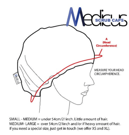 An illustration features a person in a Medicus Scrub Cap, with options like custom-embroidered or Baby Feet Maternity styles. It guides measuring head circumference: small-medium fits under 54 cm/21 inches, medium-large fits over 54 cm/21 inches. XS and XL sizes are also offered.