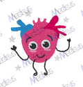 The Embroidered Heart Cute scrub cap by Medicus Scrub Caps features a whimsical pink and blue heart illustration with big eyes, a smiling face, and waving arms. The playful design includes a stitched heart effect set against star motifs, highlighting the brands name.