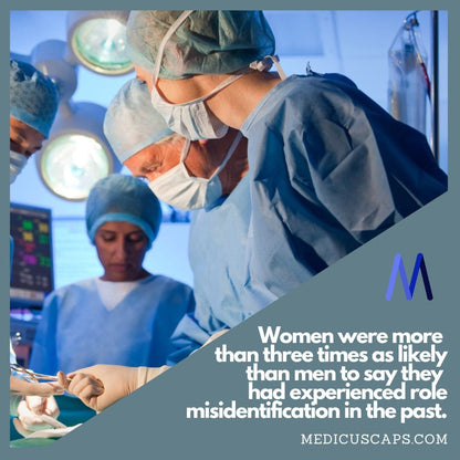 A team of surgeons in Medicus Scrub Caps Heart Cute Scrub Caps performs surgery under bright lights. A statistic reads: Women were over three times as likely as men to report role misidentification. The Medicuscaps.com logo appears with an embroidery heart and personalized design options.