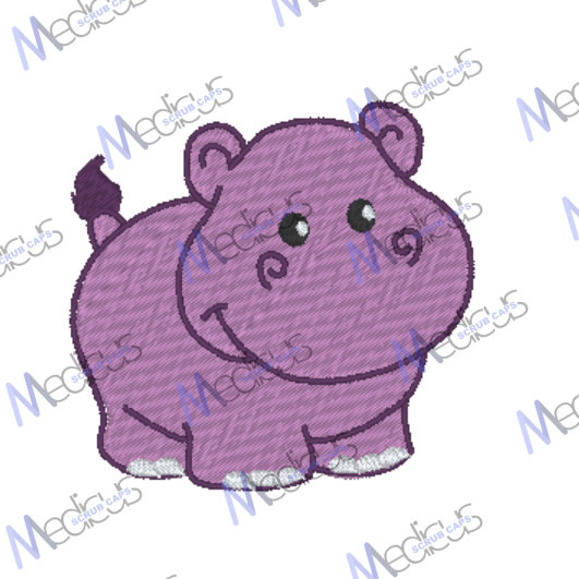 Illustration of a cute, smiling purple hippo with round eyes and tuft of tail hair, wearing an adorable Medicus Scrub Caps Embroidery - Hippo - Scrub Cap. The image has the Medis watermark repeatedly over the hippo.