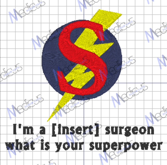 The Medicus Scrub Caps I’m A [Insert] Super Power scrub cap features a custom embroidered red S with a yellow lightning bolt on a dark circle and the text, Im a surgeon, what is your superpower? on a grid background, offering superior fit and showcasing your unique design.