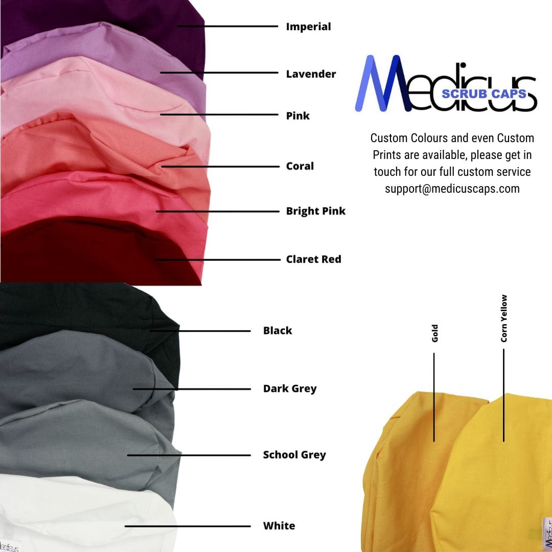 A display of handmade scrub caps in colors like Imperial, Lavender, Pink, and more showcases Medicus Scrub Caps Embroidery - Liver Cute. Custom embroidered options and prints are available at medicuscaps.com.