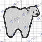 The Molar Bear Dental embroidery pattern by Medicus Scrub Caps features a tooth-shaped polar bear with a black outline and white body on grid paper, ideal for charming scrub caps. MeChic watermarks are elegantly overlaid on the image.
