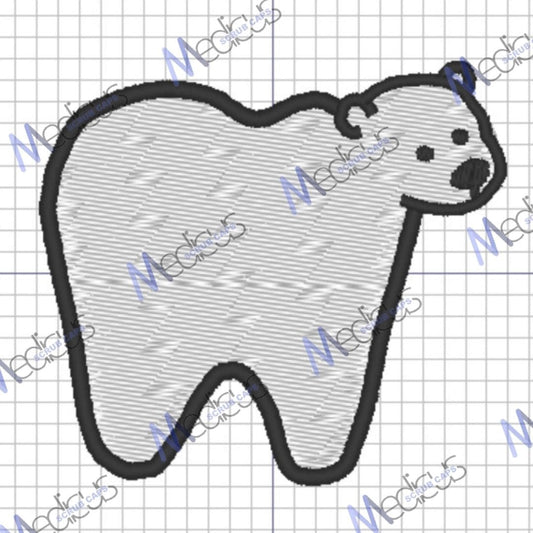 The Molar Bear Dental embroidery pattern by Medicus Scrub Caps features a tooth-shaped polar bear with a black outline and white body on grid paper, ideal for charming scrub caps. MeChic watermarks are elegantly overlaid on the image.