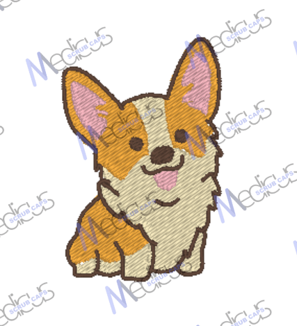 Illustration of a cute, smiling cartoon corgi with large ears and a fluffy tail, sitting with its tongue out. The image features crosshatched texture like an Embroidery - Royal Corgi Dog - Scrub Cap by Medicus Scrub Caps, with a subtle watermark in the background.