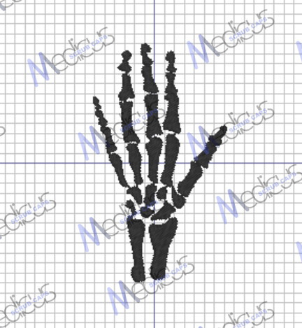 The Medicus Scrub Caps Embroidery - Skeleton Hand features a detailed illustration of a human hand skeleton on a grid background, positioned palm up, with Medicalart faintly overlayed in a pattern similar to custom embroidered scrub caps used in healthcare.