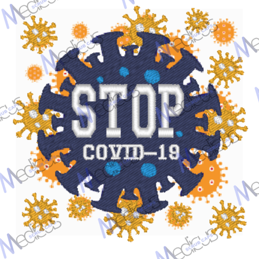 The Stop Covid-19 Badge embroidery by Medicus Scrub Caps features intricate stitching with STOP COVID-19 on a dark blue circle, surrounded by stylized orange and yellow virus shapes, creating a striking design for handmade scrub caps. The background subtly includes the watermark Madeira.