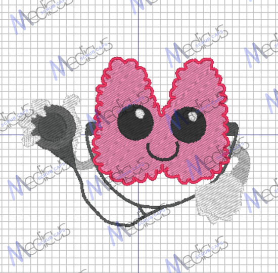 An Embroidery - Thyroid Doctor scrub cap from Medicus Scrub Caps features a cute, smiling thyroid with big eyes outlined in red, holding a stethoscope and plug. The graph paper background includes faint Medicos text, adding a personalized touch.