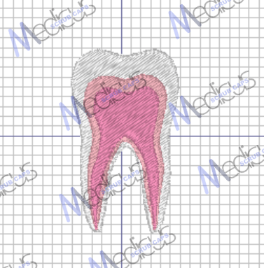 The Medicus Scrub Caps Tooth Dental design features a tooth cross-section embroidered on a grid with pink and gray layers. It includes a repeated blue Medics watermark, ideal for personalized scrub caps.