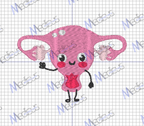 A cartoon illustration of a smiling pink uterus with eyes, rosy cheeks, and arms stands on a grid pattern background with the faint word Meclors, adding charm to your Medicus Scrub Caps custom embroidered Uterus scrub cap collection.