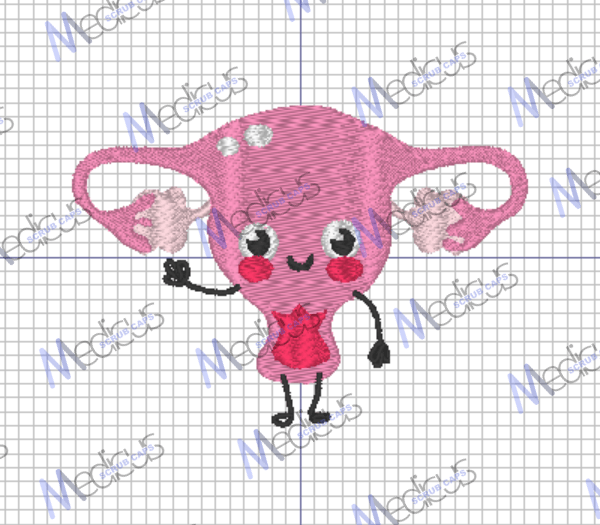 A cartoon illustration of a smiling pink uterus with eyes, rosy cheeks, and arms stands on a grid pattern background with the faint word Meclors, adding charm to your Medicus Scrub Caps custom embroidered Uterus scrub cap collection.
