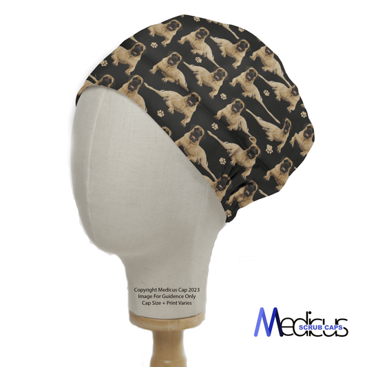 The English Bull Mastiff Dogs Black Scrub Cap by Medicus Scrub Caps is showcased on a mannequin with adorable pugs, paw prints, and an English Bull Mastiff pattern. The logo in the bottom right enhances your healthcare routines charm.