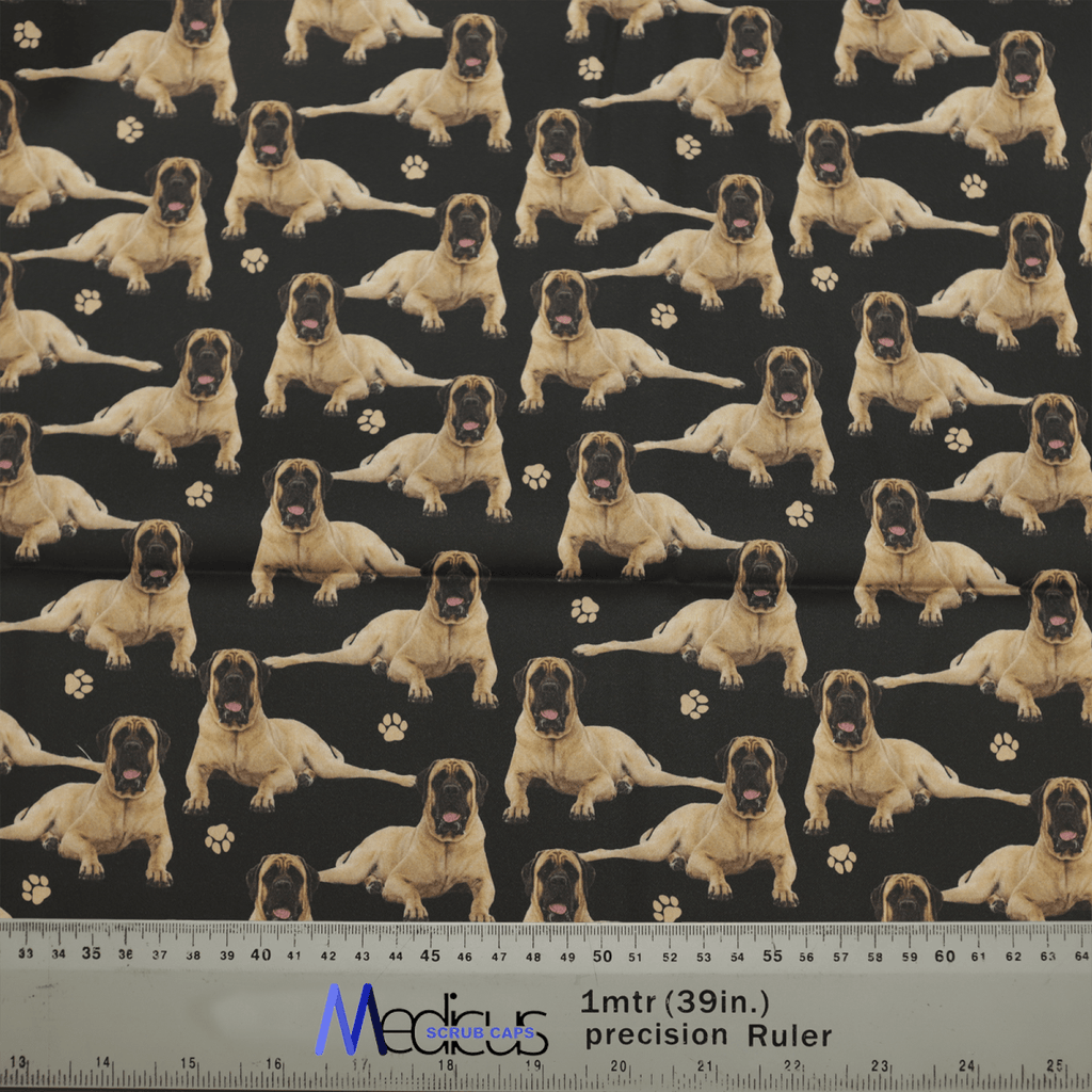 The Medicus Scrub Caps English Bull Mastiff Dogs Black Scrub Cap features a light brown English Bull Mastiff on a dark background with small paw prints. Its perfect for scrub caps and includes a measurement ruler in inches and centimeters.