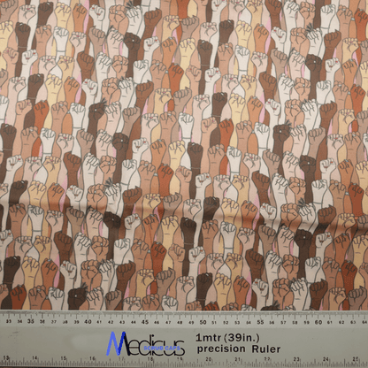 The Equal Rights Girl Power Scrub Cap by Medicus Scrub Caps features patterned fabric with rows of raised fists in diverse skin tones, symbolizing empowerment and equality. A transparent ruler at the bottom shows measurements in inches and centimeters, perfect for customizing your fit.