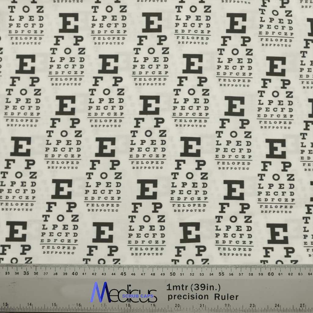 The Medicus Scrub Caps Eye Chart Test Scrub Cap showcases classic vision test patterns with decreasing letter sizes and includes a metal ruler with blue and black text measuring 1 meter (39 inches), combining style and functionality for healthcare professionals.