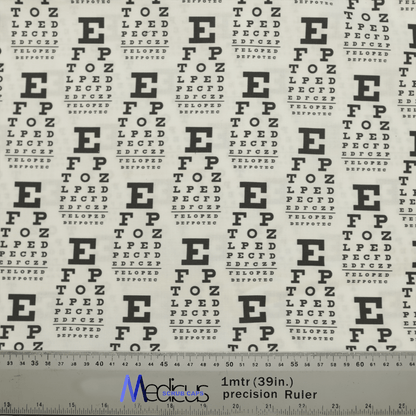 The Medicus Scrub Caps Eye Chart Test Scrub Cap showcases classic vision test patterns with decreasing letter sizes and includes a metal ruler with blue and black text measuring 1 meter (39 inches), combining style and functionality for healthcare professionals.