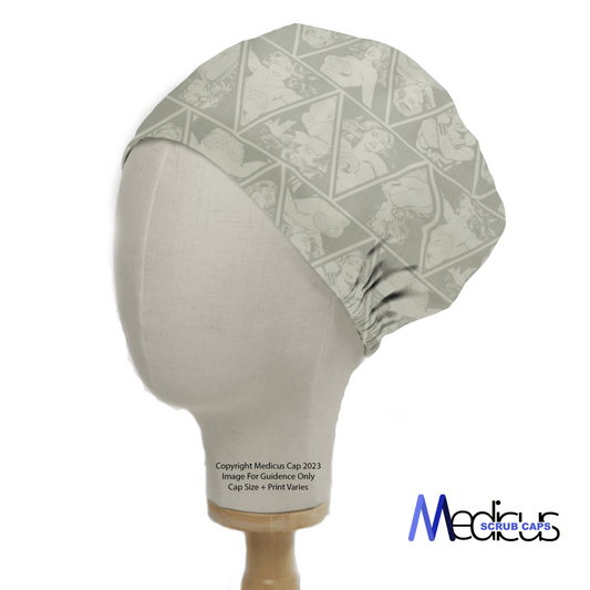 A mannequin showcases a Medicus Scrub Caps Faded Wonder Woman Diamonds scrub cap, celebrating healthcare heroes with a medical-themed cartoon pattern. Featuring premium quality for comfort, the logo is stylishly positioned in the lower right corner.