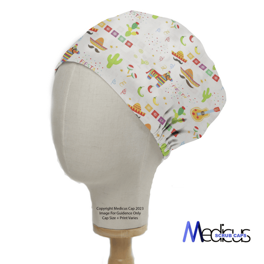 The Fiesta Party Scrub Cap by Medicus Scrub Caps is displayed on a mannequin head, featuring colorful prints of guitars, cacti, sombreros, and geometric shapes. The Medicus logo is located at the bottom right of this medical-style accessory.