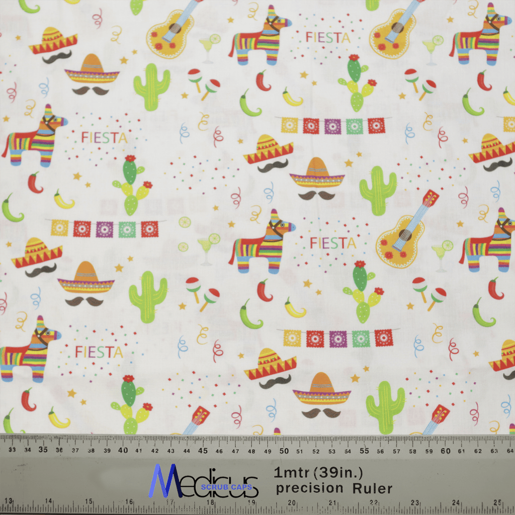 The Fiesta Party Scrub Cap by Medicus Scrub Caps is a colorful fabric featuring guitars, sombreros, cacti, maracas, and Fiesta text on white. The vibrant design with a visible 1m ruler at the bottom adds festive flair to celebrations while supporting an eco-friendly lifestyle.