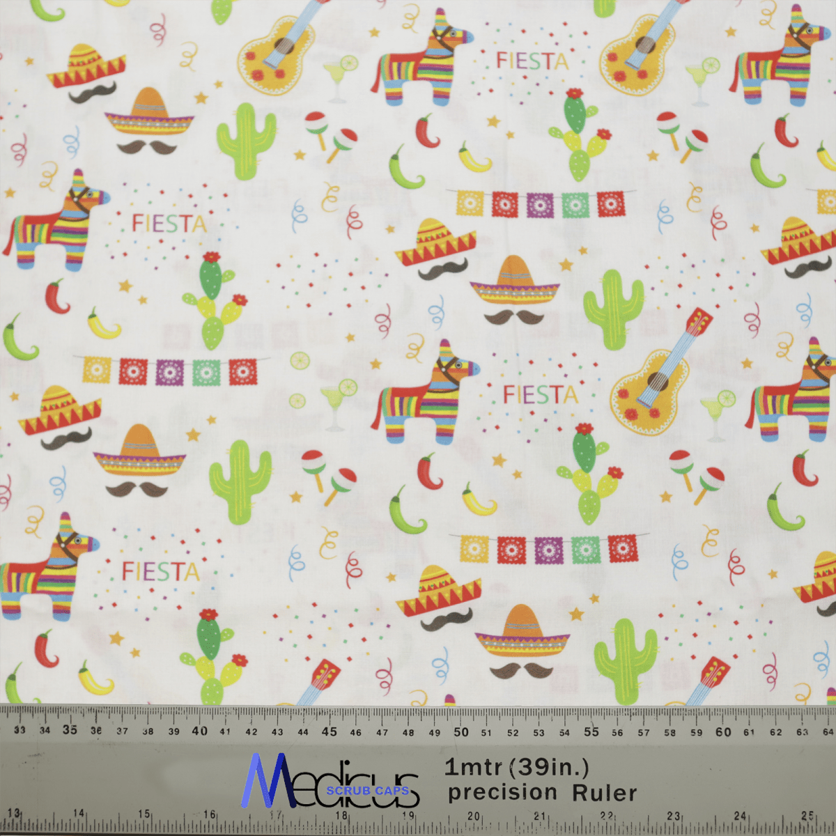 The Fiesta Party Scrub Cap by Medicus Scrub Caps is a colorful fabric featuring guitars, sombreros, cacti, maracas, and Fiesta text on white. The vibrant design with a visible 1m ruler at the bottom adds festive flair to celebrations while supporting an eco-friendly lifestyle.