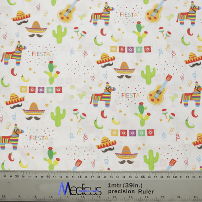 The Fiesta Party Scrub Cap by Medicus Scrub Caps is a colorful fabric featuring guitars, sombreros, cacti, maracas, and Fiesta text on white. The vibrant design with a visible 1m ruler at the bottom adds festive flair to celebrations while supporting an eco-friendly lifestyle.