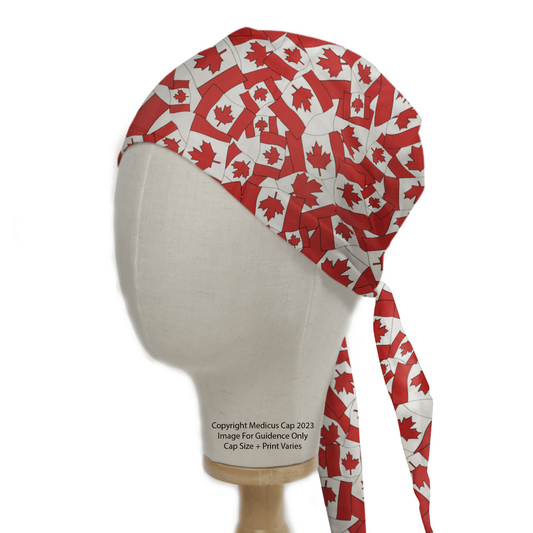 A mannequin head displays the Medicus Scrub Caps Flag Canada Scrub Cap, highlighting Canadian pride with overlapping flag patterns. This red and white cap features an ergonomic design, maple leaves, and convenient back ties.