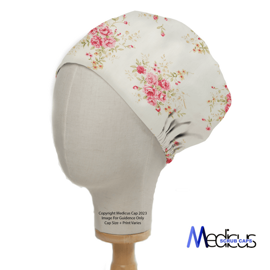 The Floral Flower Arrangement Roses White Scrub Cap by Medicus Scrub Caps, featuring pink and green designs on a light background, is displayed on a mannequin head with the logo in the lower right corner.