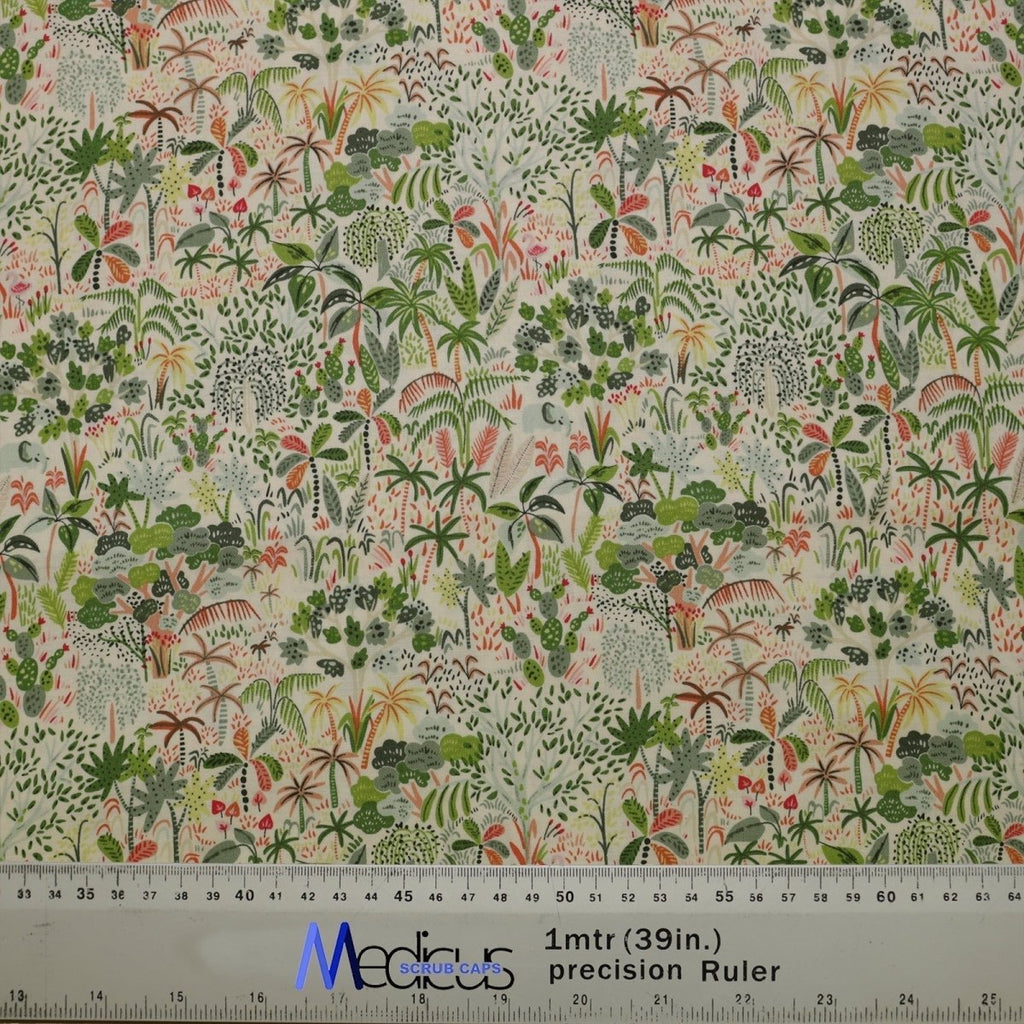 The Floral Jungle Scrub Cap by Medicus Scrub Caps showcases a dense floral and foliage pattern with green, red, and orange leaves. A gray precision ruler labeled Modest Scrub Caps at the bottom measures 1 meter (39 inches). Its a sustainable choice for your scrub cap needs.