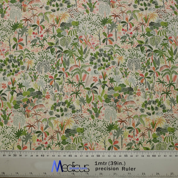 The Floral Jungle Scrub Cap by Medicus Scrub Caps showcases a dense floral and foliage pattern with green, red, and orange leaves. A gray precision ruler labeled Modest Scrub Caps at the bottom measures 1 meter (39 inches). Its a sustainable choice for your scrub cap needs.