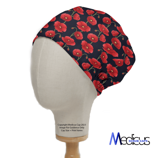 A mannequin head displays the Floral Poppies Scrub Cap against a dark background, featuring a vivid red poppy design. The brand name Medicus Scrub Caps is shown at the bottom right, emphasizing this eco-friendly personalized medical wear option.