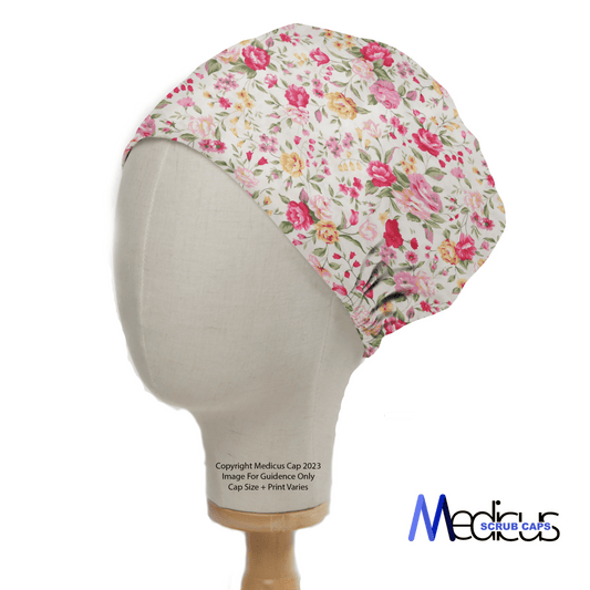 The Floral Roses Colourful Scrub Cap by Medicus Scrub Caps, displayed on a mannequin head, features a vibrant pattern of pink and red flowers with green leaves on a light background. Designed for comfort, it sports the Medicus logo at the bottom right corner.