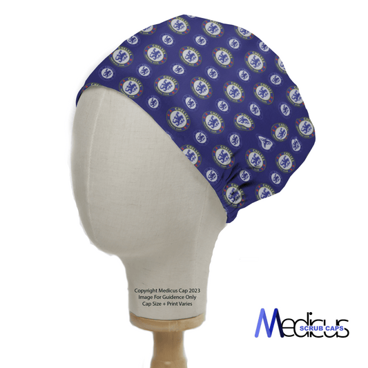 A mannequin head wears a Football Club Chelsea Scrub Cap decorated with blue lion-emblazoned logos. The brand Medicus Scrub Caps is printed in the bottom right corner, highlighting its eco-friendly nature.