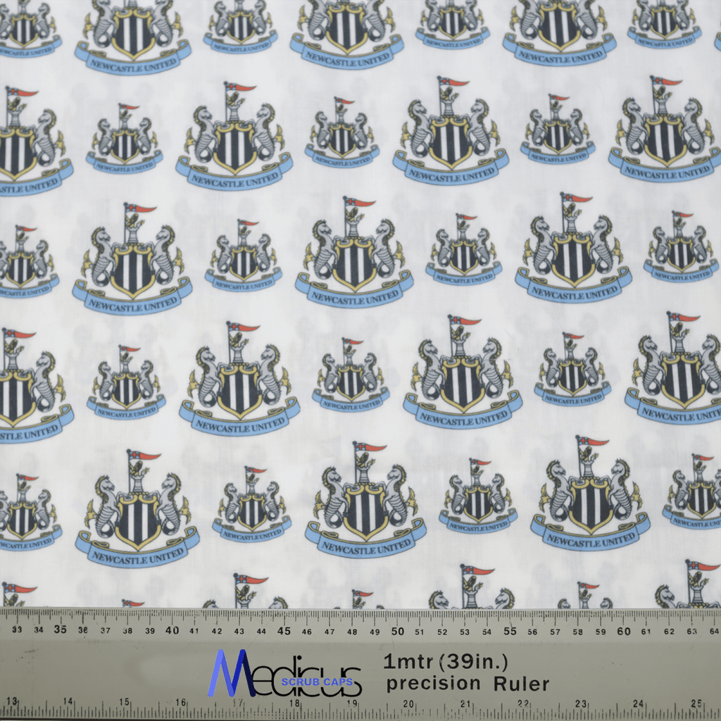 The Football Club Newcastle Scrub Cap by Medicus Scrub Caps features patterned fabric with club crests, black and white shields, lions, and flags. A 1-meter ruler at the bottom symbolizes sustainability and healthcare excellence.