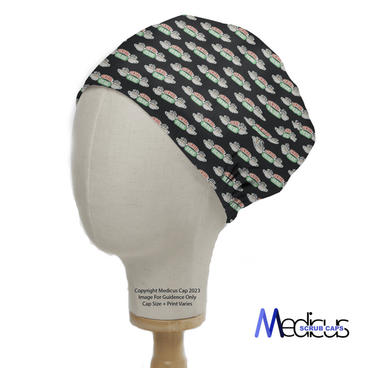 A mannequin head displays the Friends Central Perk Scrub Cap with a black backdrop and vibrant green and red design. As part of the Sustainable Choice line, it suits healthcare professionals. The Medicus Scrub Caps logo in the lower right corner adds distinction.