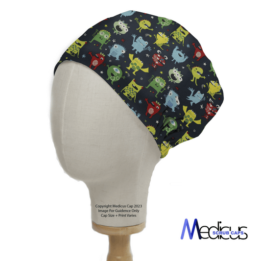 A mannequin head showcases a Germ Monsters #2 Scrub Cap with vibrant red, blue, green, and yellow monsters on a dark background. Medicus Scrub Caps is elegantly printed in the bottom right corner of this essential healthcare item.