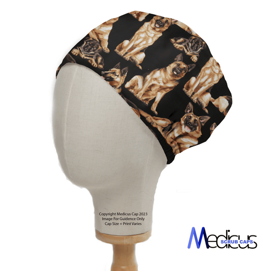 A mannequin head models the German Shepherds Scrub Cap by Medicus Scrub Caps, featuring a playful dog pattern on a sleek black background. Designed for veterinary professionals, it blends style and function with Medicus Scrub Caps printed at the bottom right, representing sustainable healthcare fashion.