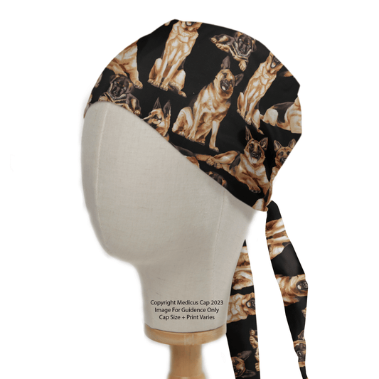 The mannequin head wears a German Shepherds Scrub Cap by Medicus Scrub Caps, featuring long ties for fastening, ideal for veterinary professionals. Its displayed on a white background and crafted with care.