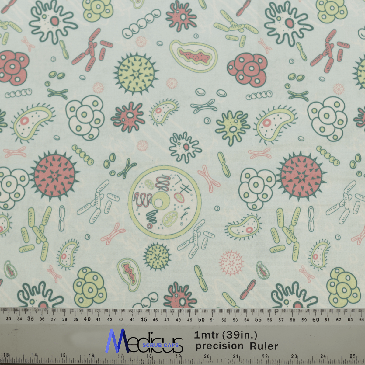 The Germs Bacteria Monsters Goo Scrub Cap by Medicus Scrub Caps features eco-friendly green and red illustrations of bacteria, viruses, and cells, with a ruler portion at the bottom for measurements.