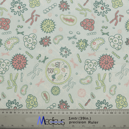 The Germs Bacteria Monsters Goo Scrub Cap by Medicus Scrub Caps features eco-friendly green and red illustrations of bacteria, viruses, and cells, with a ruler portion at the bottom for measurements.