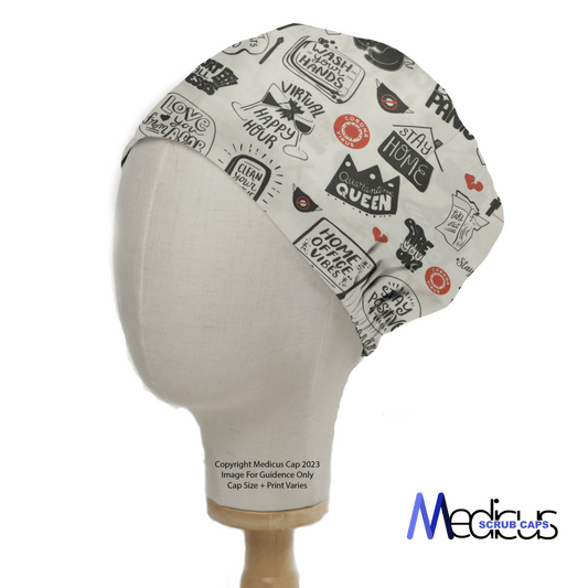 An eco-friendly Get Us Through Covid scrub cap from Medicus Scrub Caps features black and red designs with phrases like Home is Where the Coffee Is and Queen, plus charming hearts and coffee cups. Ideal for healthcare pros, it sports the brand logo on the bottom right.