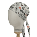 A mannequin head dons the Medicus Scrub Caps Get Us Through Covid white scrub cap, tailored for healthcare professionals and showcasing prints like Wash Your Hands, Happy Hour, and Home Office Vibes with black/red text, blending style with eco-friendly materials.