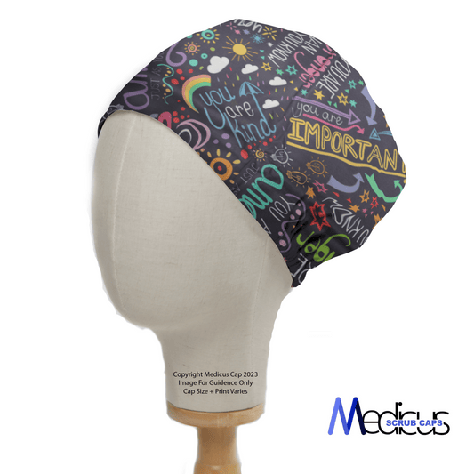 The Good Vibes Scrub Cap by Medicus Scrub Caps, displayed on a mannequin head, boasts eco-friendly material adorned with motivational phrases like you are kind and you are important in various fonts. Decorated with hearts, stars, and abstract patterns, the cap includes the Medicus logo on the bottom right.