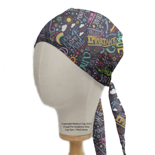 A mannequin head displays the eco-friendly Good Vibes Scrub Cap by Medicus Scrub Caps, featuring motivational phrases such as You are important and You are kind surrounded by stars, hearts, and playful doodles for a cheerful and uplifting vibe.