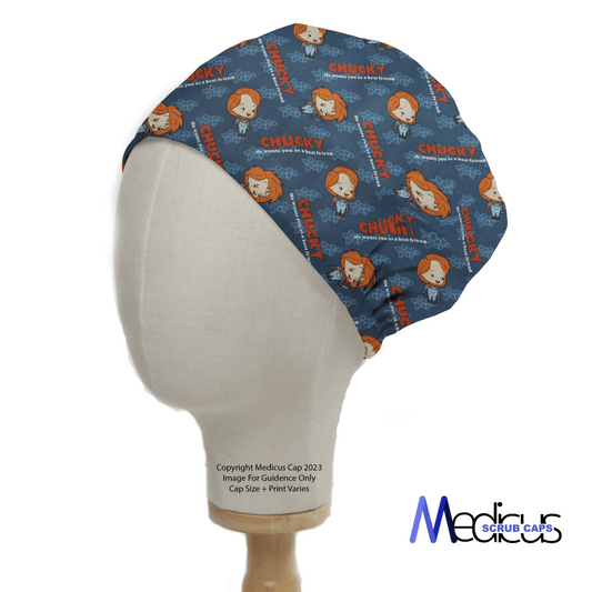 The Halloween Chucky Movie Scrub Cap by Medicus Scrub Caps features a horror vibe with the iconic dolls face and Wanna play? phrase on a blue background, adorned in an orange and blue color scheme.