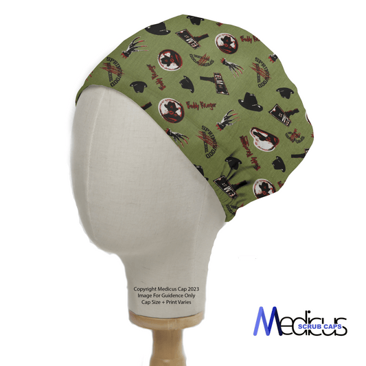 A green scrub cap from Medicus Scrub Caps, featuring iconic horror movie elements of Freddy Krueger. Displayed on a mannequin head, the cap reads Medicus Scrub Caps on the side and is perfect for those seeking Halloween scrub caps with cinematic flair.