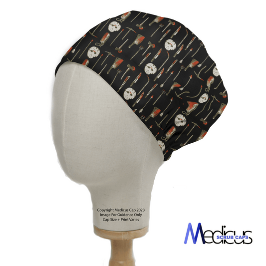 Mannequin wearing a black scrub cap from Medicus Scrub Caps featuring sloths, brunch motifs, and horror-inspired designs with Halloween Jason hockey mask and knives theme.