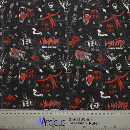 The Halloween Nightmare On Elm St scrub caps by Medicus Scrub Caps feature black fabric with red and white illustrations of Freddy Krueger, gloves, and phrases like How Sweet Fresh Meat, making it ideal for personalized scrub caps. A ruler at the bottom provides metric and inch measurements.