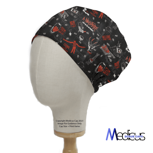 A mannequin head displays a black, reusable Halloween Nightmare On Elm St Scrub Cap by Medicus Scrub Caps, featuring red and white Halloween designs with skulls, spiders, and bones. The word Nightmare captures the eerie Elm St essence. The brand logo is visible in the corner.